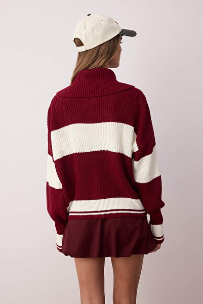 Trendyol Collection Burgundy*001 Wide Fit Striped Turn-Down Collar Zippered Knitwear Cardigan Twoaw24Hi00072