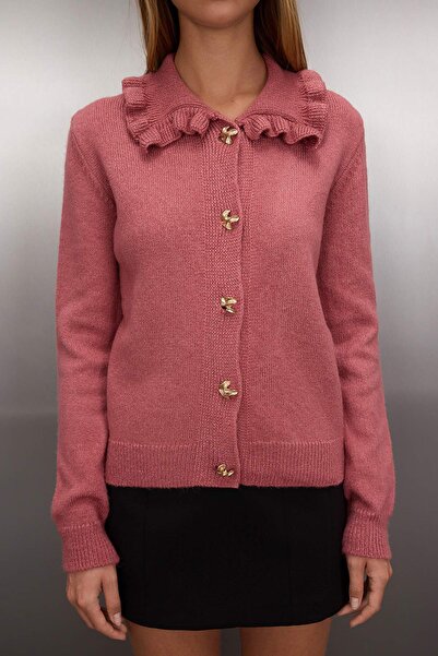 Trendyol Collection Dusty Rose Soft Textured Collar Ruffle Metal Button Detail Knitwear Cardigan Twoaw26Hi00106