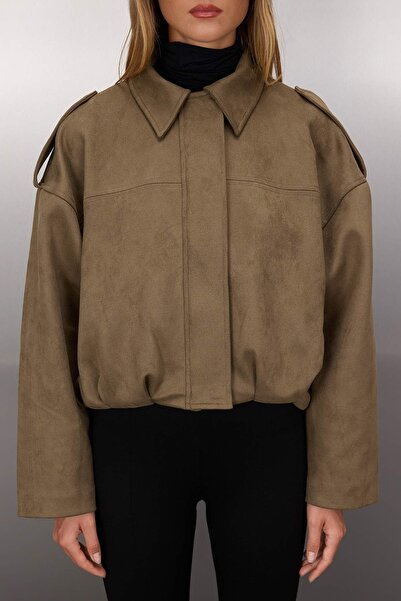 Trendyol Collection Khaki Oversize Fit Suede Bomber vékony kabát kabátok TWOAW26MO00125