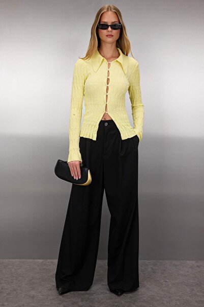 Trendyol Collection Yellow Mercerized Look Textured Polo Neck Premium Yarn Body Fitting Knitwear Cardigan Twoaw26Hi00081