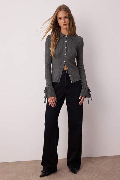 Trendyol Collection Anthracite Mercerized Look Ribbed Polo Neck Knitwear Cardigan Twoaw26Hi00111