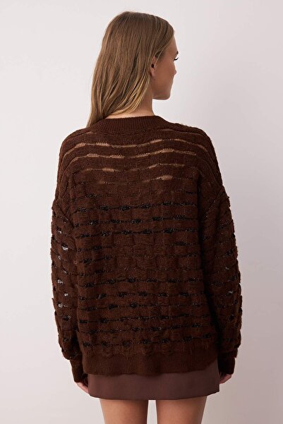 Trendyol Collection Σκούρο καφέ γκλίτερ φαρδύ πλεκτό πουλόβερ με μαλακή υφή διάτρητο/διάτρητο TWOAW26KZ00016