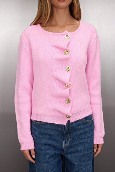 Trendyol Collection Pink Drawstring Closure Detailed Metal Button Knitwear Cardigan Twoaw26Hi00110