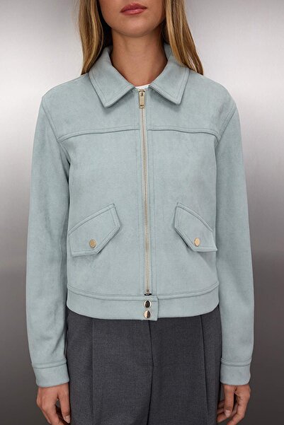 Trendyol Collection Modré přiléhavé semišové kabáty Slim Jacket TWOAW26MO00016