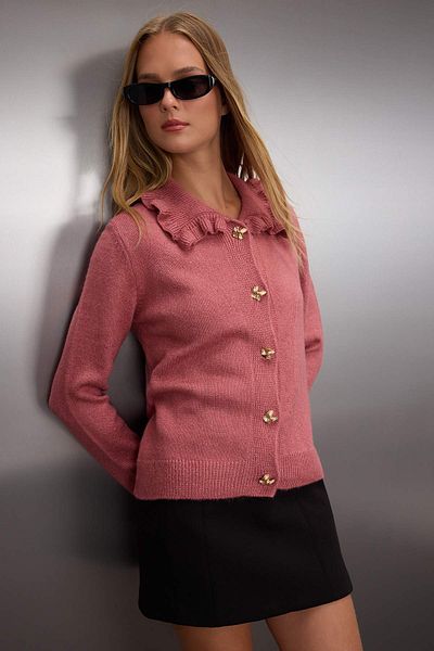 Trendyol Collection Dusty Rose Soft Textured Collar Ruffle Metal Button Detail Knitwear Cardigan Twoaw26Hi00106
