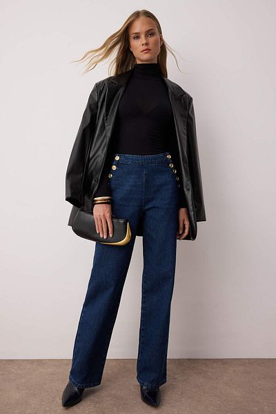 Trendyol Collection Blugi albastru închis cu talie înaltă și picioare late TWOAW26JE00039