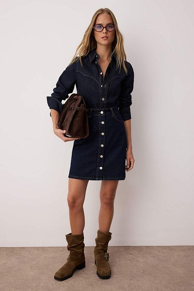 Trendyol Collection Mini fustă din denim cu nasturi în față albastru închis TWOAW26ET00022