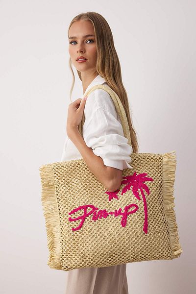 TRENDYOL SHOES Beige Embroidered Tassel Detailed Straw Women's Maxi Tote Shoulder Bag Takss25Oc00049