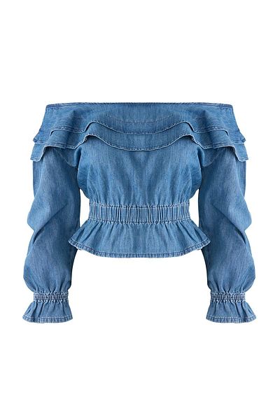 Trendyol Collection Μπλε βολάν Λεπτομερής τζιν μπλούζα TWOAW26BZ00049