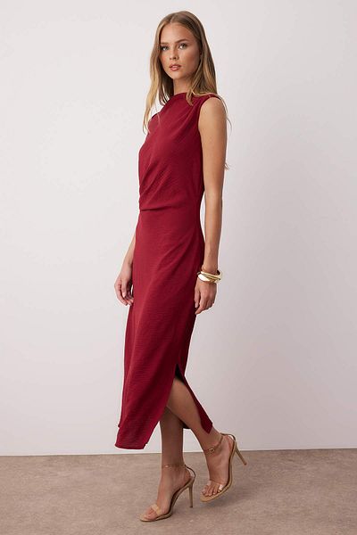 Trendyol Collection Μίντι υφαντό φόρεμα με λεπτομέρεια αξεσουάρ Dark Cherry TWOSS25EL00862