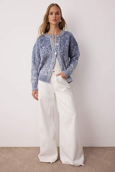 Trendyol Collection Indigo Button Detailed Soft Textured Patterned Jacket Look Knitwear Cardigan Twoaw25Hi00185