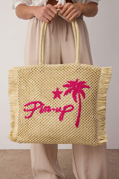TRENDYOL SHOES Beige Embroidered Tassel Detailed Straw Women's Maxi Tote Shoulder Bag Takss25Oc00049