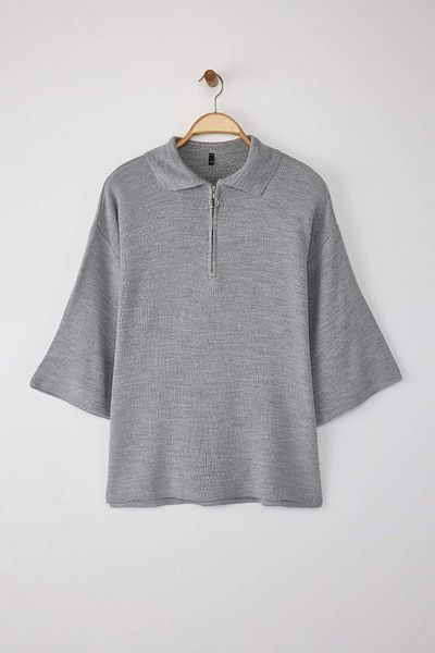 Trendyol Curve Gray Polo Collar Zipper Detailed Knitwear Sweater Tbbaw23An00056