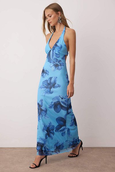 Trendyol Collection Rochie de seară din tul căptușită albastru-multicolor TPRSS25AE00192