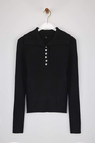 Trendyol Collection Black Fitted/Marine Collar Knitwear Sweater Twoaw26Kz00066