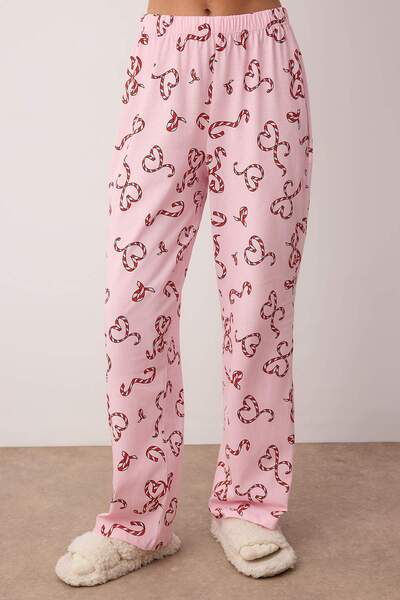 Trendyol Collection Set de pijamale tricotate cu guler de cămașă cu model de Anul Nou, roz, 100% bumbac, THMAW26PT00064