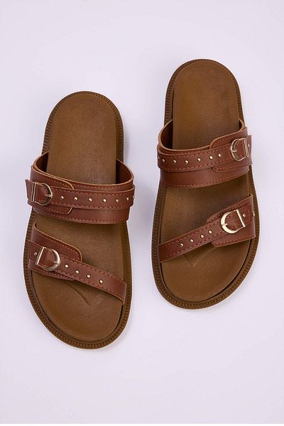 TRENDYOL SHOES Γυναικείες παντόφλες Tan Troc με κεντημένη πόρπη με λεπτομέρεια διπλής ζώνης TAKSS25TE00037