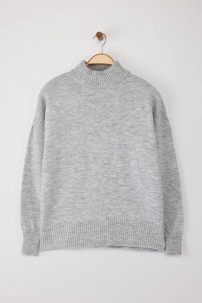 Trendyol Collection Pulover de tricotaj cu guler în picioare, gri deschis, cu croială largă, texturată moale TWOAW23KZ00469