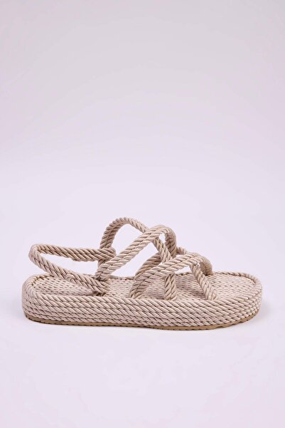 TRENDYOL SHOES Beige Kreuzgurt Seil Zugband Frauen Strohsandalen TAKSS25SD00068