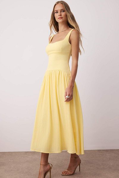 Trendyol Collection Yellow Special Fabric Corset Look Backless Woven Skirt Wide Midi Dress Twoss25El00882