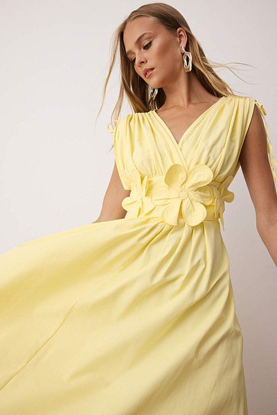 Trendyol Collection Világossárga 3D virágos részletes poplin elegáns estélyi ruha éjszakai hazatérés ruha TPRSS24EL00282