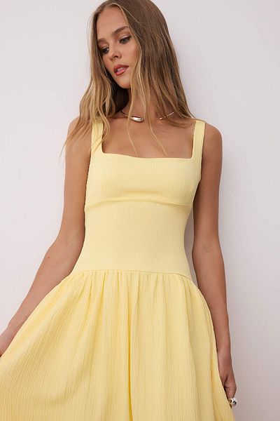 Trendyol Collection Yellow Special Fabric Corset Look Backless Woven Skirt Wide Midi Dress Twoss25El00882
