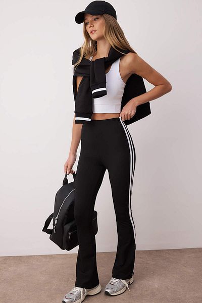 Trendyol Collection Leggings sport tricotați pentru yoga, cu detaliu de dungi din țesătură neagră pentru scafandru/scuba THMAW26TY00014