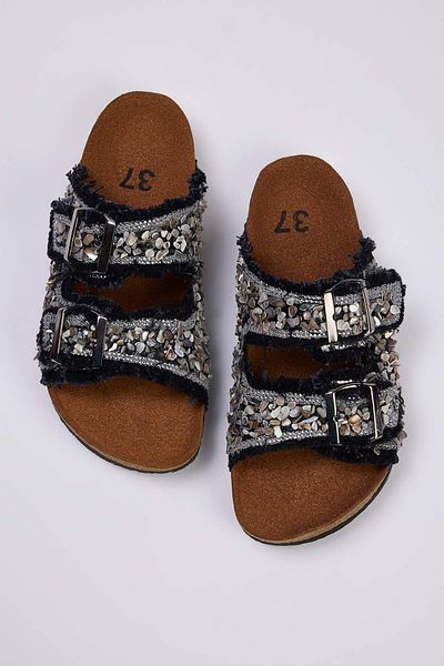 TRENDYOL SHOES Papuci de damă cu bandă dublă cu mărgele antracit TAKSS25TE00039