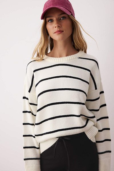 Trendyol Collection Bone*001 Striped Wide Fit Soft Textured Knitwear Sweater Twoaw25Kz00168
