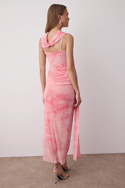 Trendyol Collection Rochie maxi tricotată din tul cu detaliu eșarfă fucsia TPRSS25EL00314