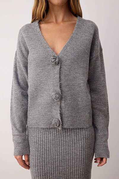 Trendyol Collection Gray 2-Piece Midi Soft Textured V-Neck Bodycone/Body Wrap Knitwear Cardigan-Dress Twoaw26El00009