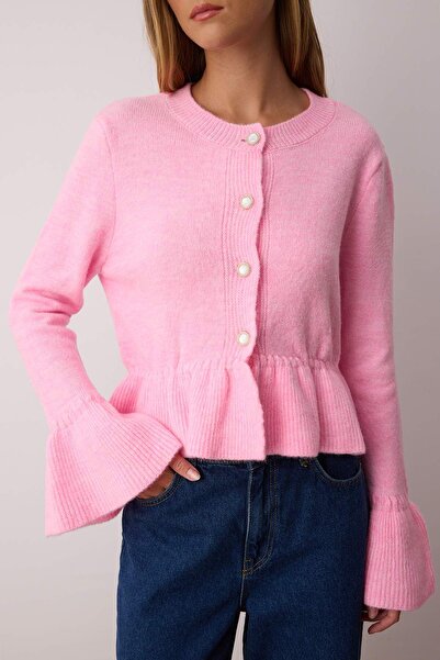 Trendyol Collection Cardigan peplum din tricot roz cu textură moale TWOAW26HI00114