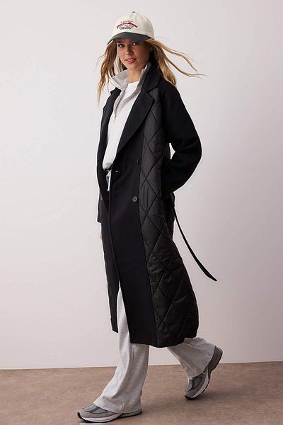 Trendyol Collection Black Quilted Detailed Double Breasted Oversize Long Coat Twoaw26Kb00029