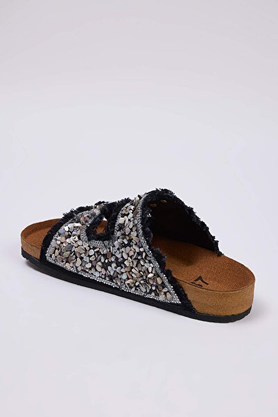 TRENDYOL SHOES Anthracite Beaded Double Banded Women's Slippers Takss25Te00039