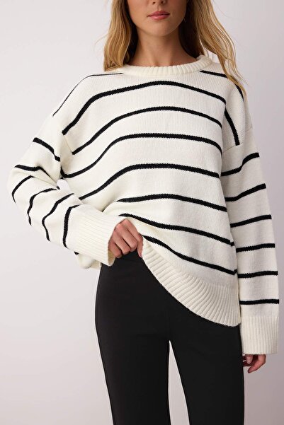Trendyol Collection Bone*001 Striped Wide Fit Soft Textured Knitwear Sweater Twoaw25Kz00168