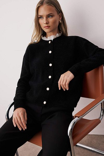 Trendyol Collection Black Color Block Special Yarn Tulle Garnish Knitwear Cardigan Twoaw26Hi00100