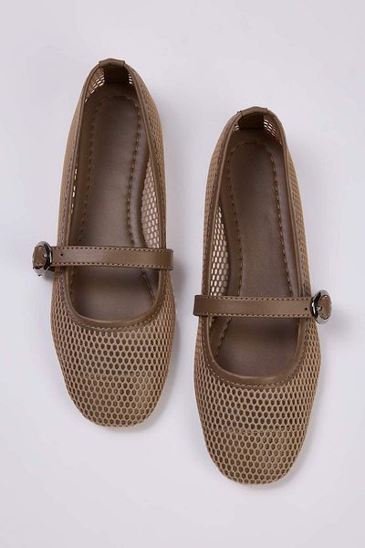 TRENDYOL SHOES Beige Mesh Round Toe Mary Jane Women's Ballerinas Takss24Be00000