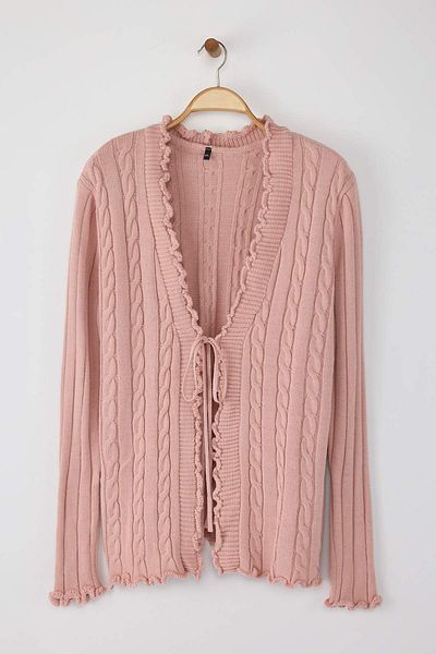 Trendyol Curve Pink Hair Braid Patterned Tie-Up Knitwear Cardigan Tbbaw24Av00003