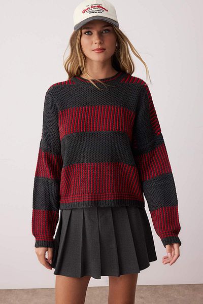 Trendyol Collection Anthracite Wide Fit Striped Knitwear Sweater Twoaw23Kz00012