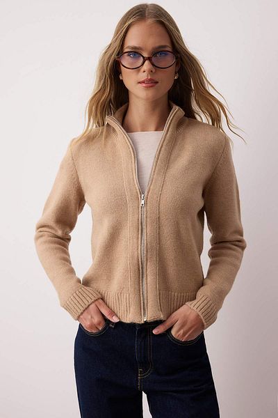 Trendyol Collection Mink Zipper Wool Blend Stand Collar Soft Textured Knitwear Cardigan Twoaw26Hi00027