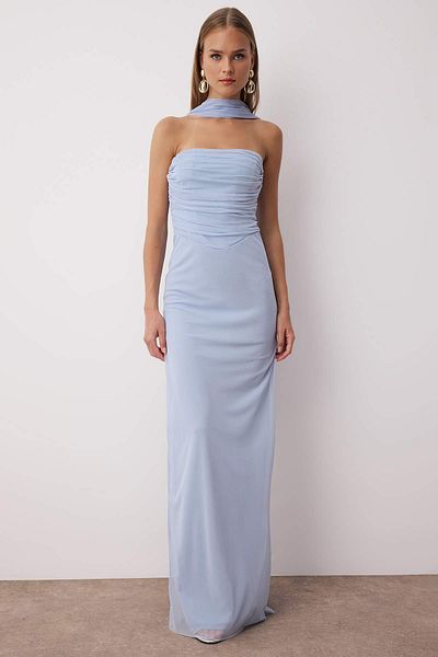 Trendyol Collection Μπλε Φουλάρι Πλεκτό Μάξι Βραδινό Φόρεμα Αποφοίτησης TPRSS25AE00056