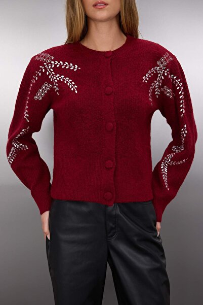 Trendyol Collection Burgundy Soft Texture Stone Embroidered Knitwear Cardigan Twoaw26Hi00063
