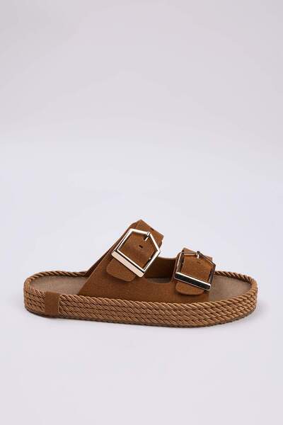 TRENDYOL SHOES Papuci de damă cu talpă groasă, cu cataramă antică, cu bandă dublă, maro, TAKSS25SD00073