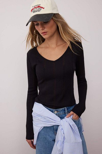 Trendyol Collection Μαύρη κομμένη λεπτομέρεια με λαιμόκοψη V με ελαστική πλεκτή μπλούζα TWOAW26BZ00004