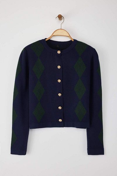 Trendyol Collection Navy Blue*001 Striped Button Detailed Crop Premium/Special Yarn Knitwear Cardigan Twoaw26Hi00094