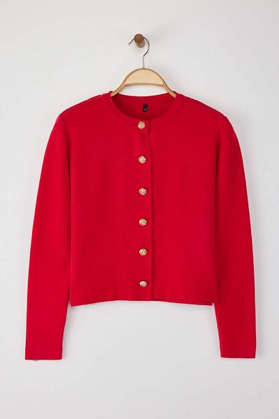 Trendyol Collection Red Striped Button Detailed Crop Premium/Special Yarn Knitwear Cardigan Twoaw26Hi00094