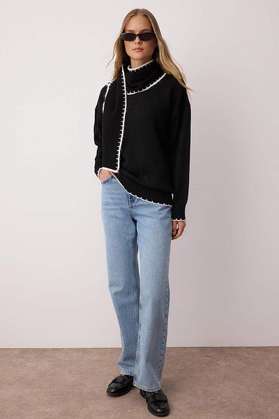 Trendyol Collection Pulover negru moale texturat cu model lat cu accesorii pentru șal TWOAW26KZ00155