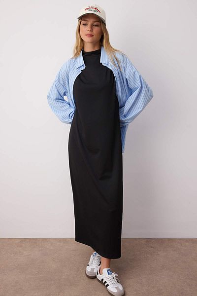 Trendyol Modest Чорна сукня з тканини для підводного плавання з коміром-стійкою без рукавів на підкладці TCTSS24EB00230