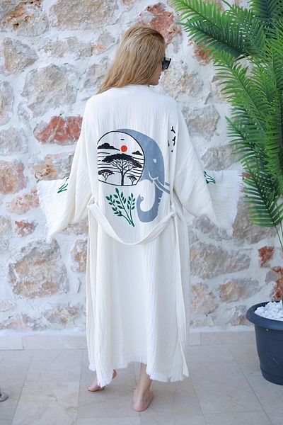 Befera Design Muslin Kimono 100% Cotton Life and Elephant Printed Patterned Bathrobe Kaftan Dressing Gown