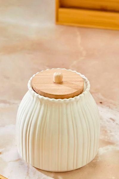 Woodcept Single Porcelain Daisy Model Wooden Vacuum Lid Storage Jar for Tea, Sugar, Salt, Coffee